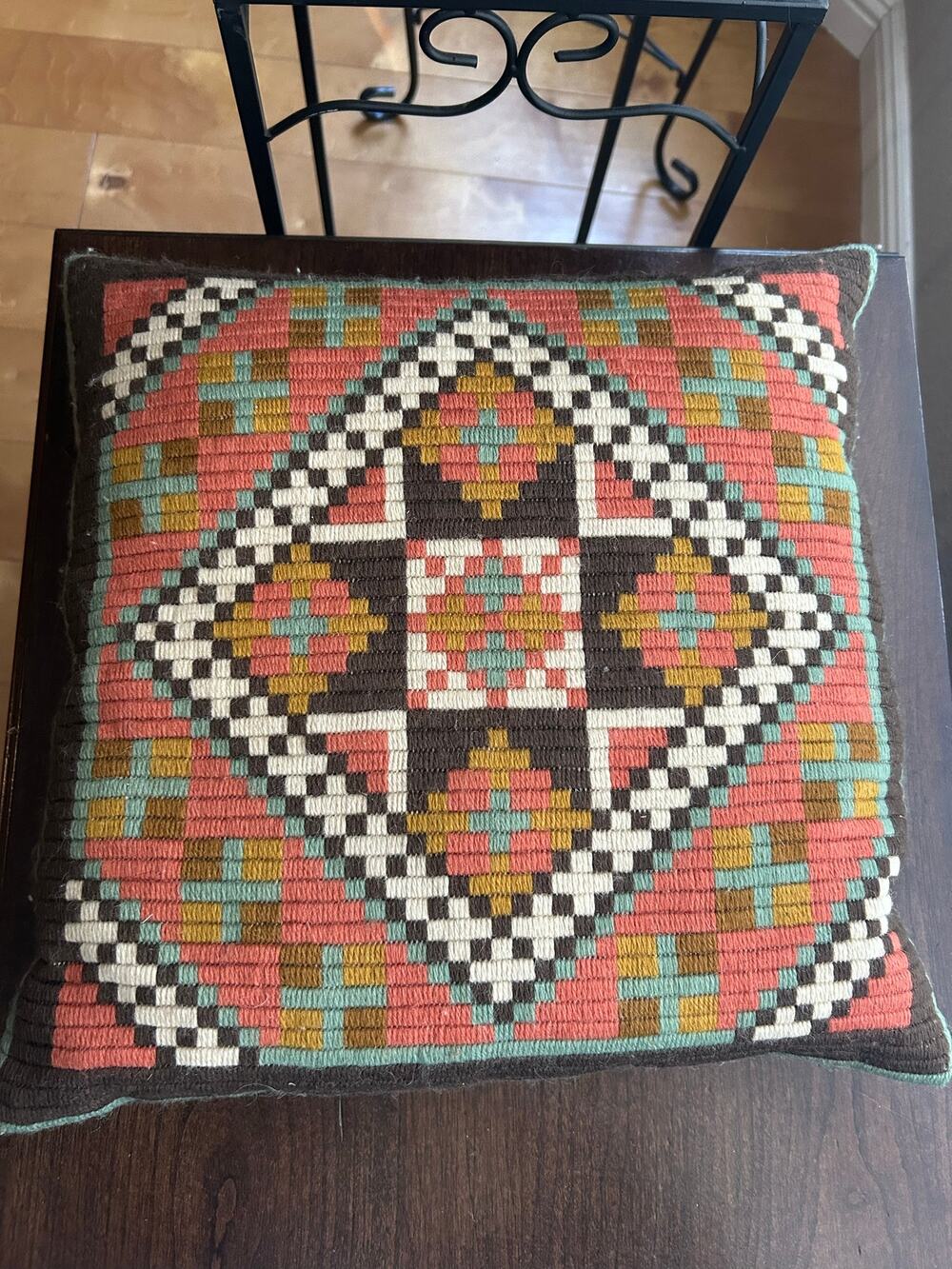 Vintage Norwegian Handmade Wool Embroidery Throw Pillow